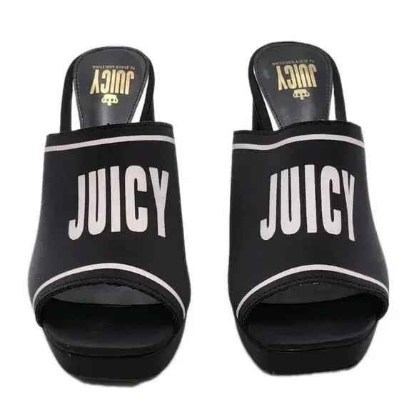 Juicy Couture Juicy Girly Womens Size 8.5 M Heeled Sandals Black White Logo - Picture 6 of 16